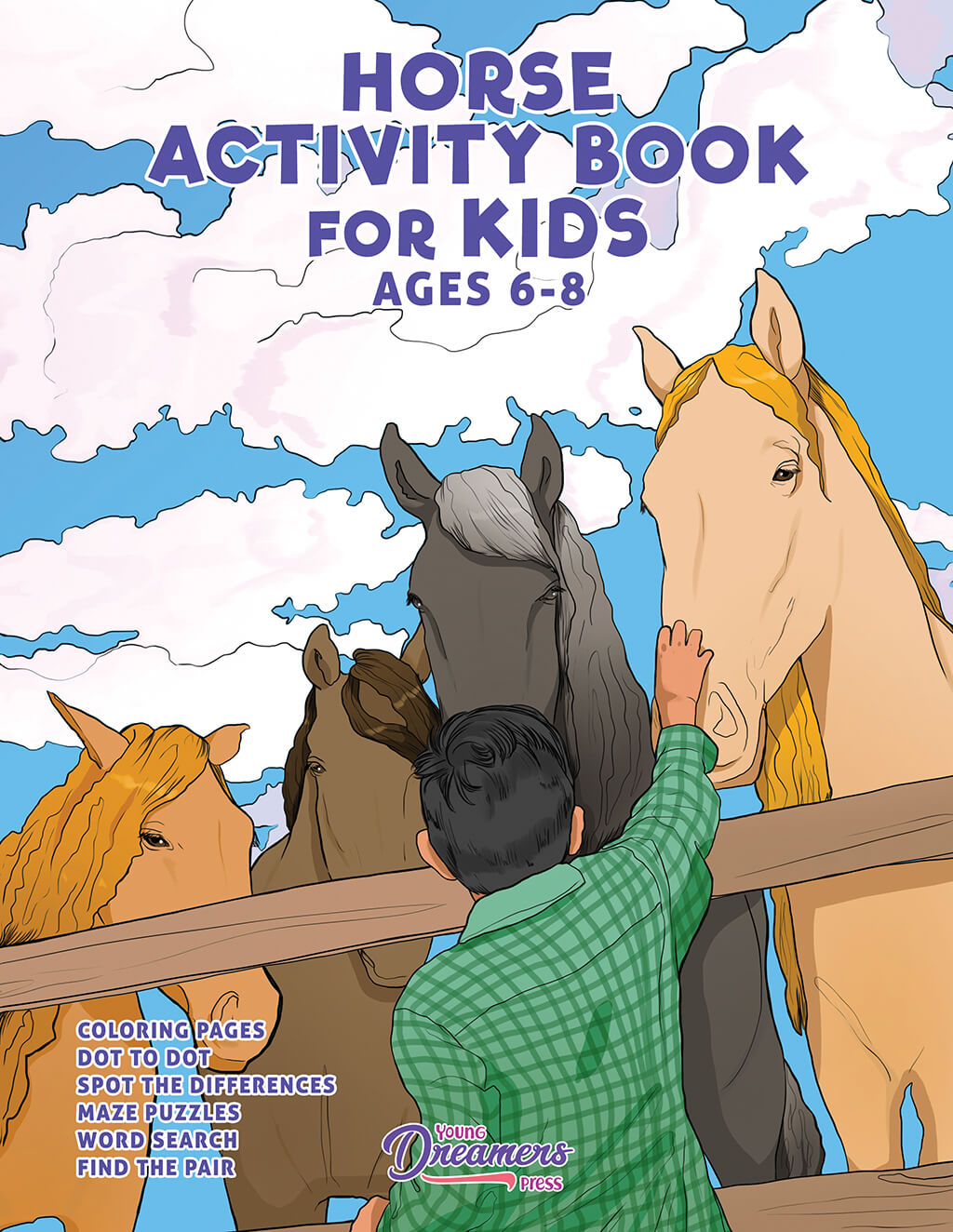 Horse activity book cover featuring 4 horses and young boy with clouds