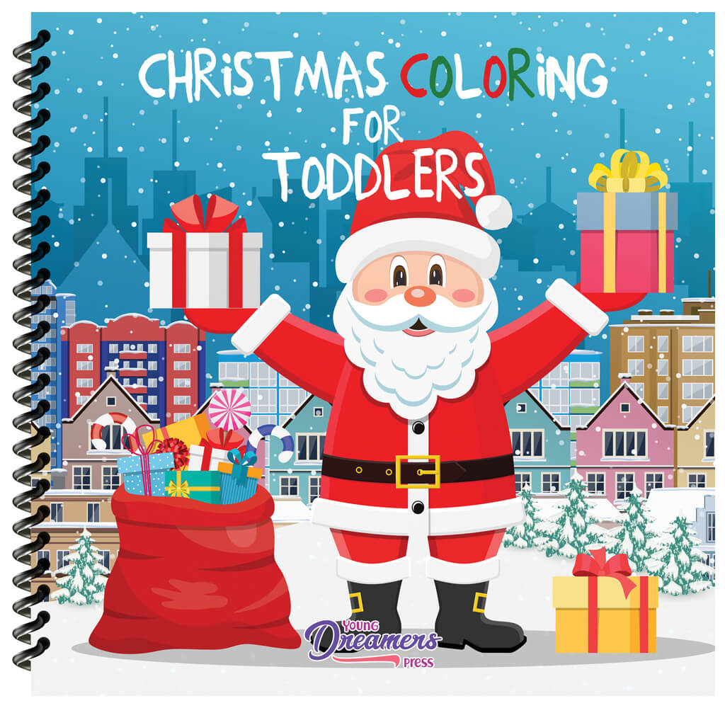 Santa Claus holding presents against city for kids coloring book cover spiral bound