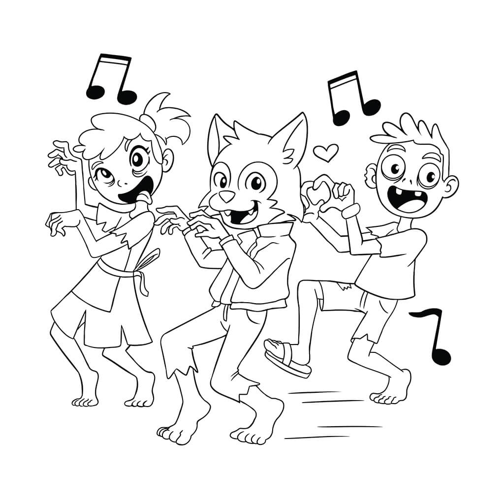 Wolfman, zombie, and girl dancing coloring page for Halloween