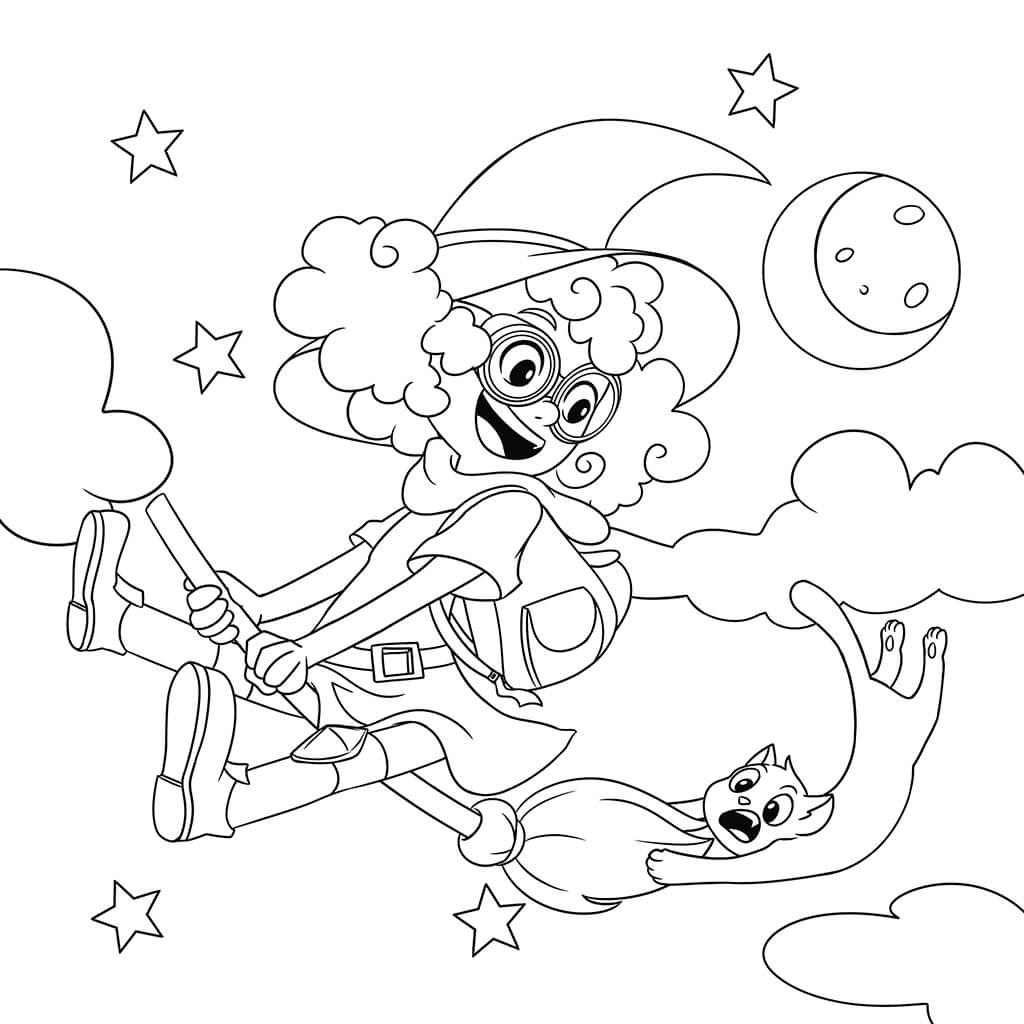 Smiling witch on broomstick with cat against a night sky coloring page