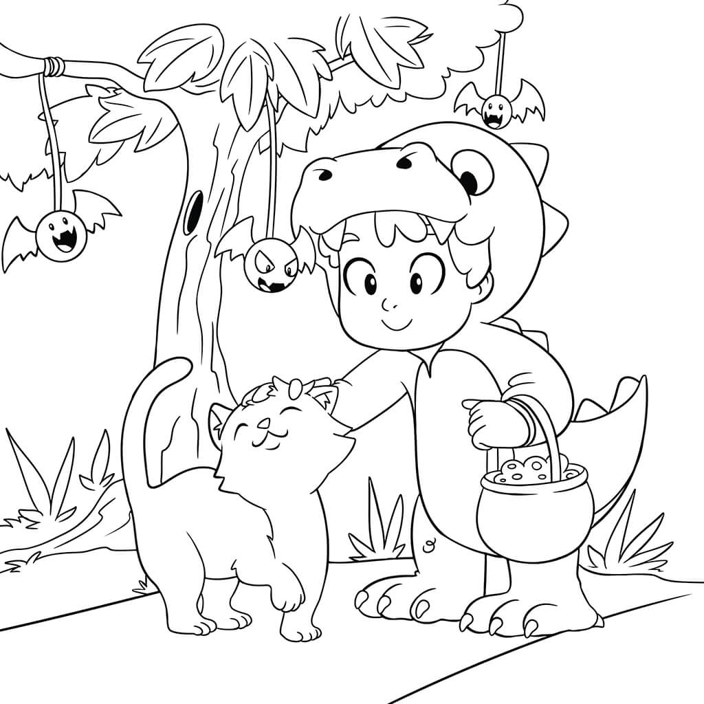 Young boy dressed in dinosaur Halloween costume petting cat on sidewalk kids coloring page