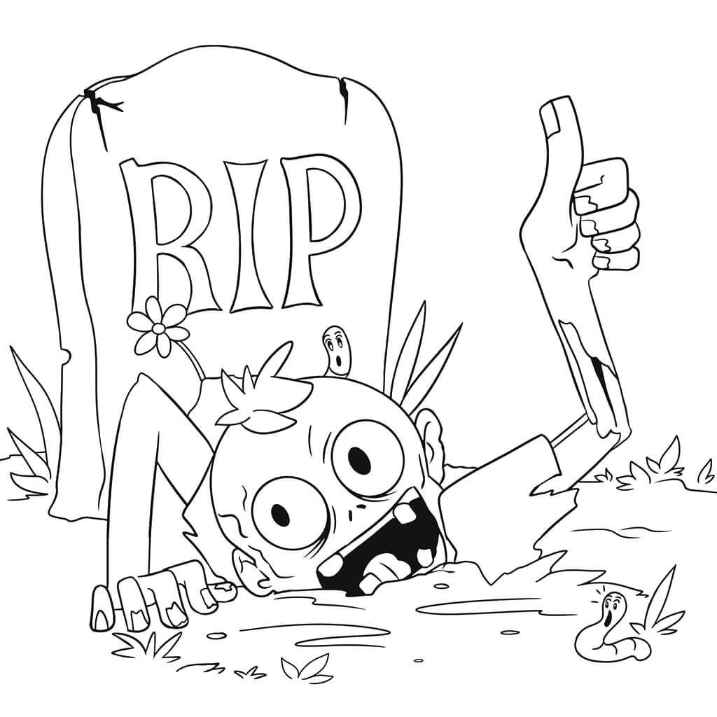 Zombie climbing out of grave giving a thumbs up near a headstone Halloween coloring page